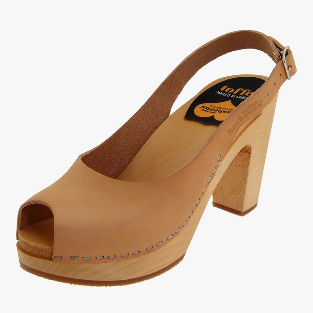 Swedish Hasbeens Tan Leather Slingback Peeptoe Clog Heels 40